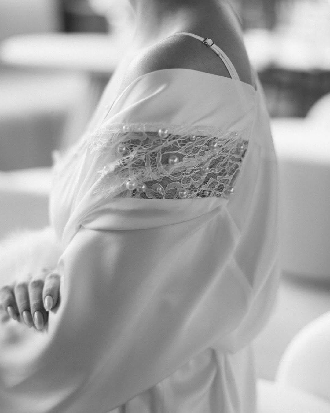 Lune Blanche Midi Robe – Satin with Feathers & Pearl Details