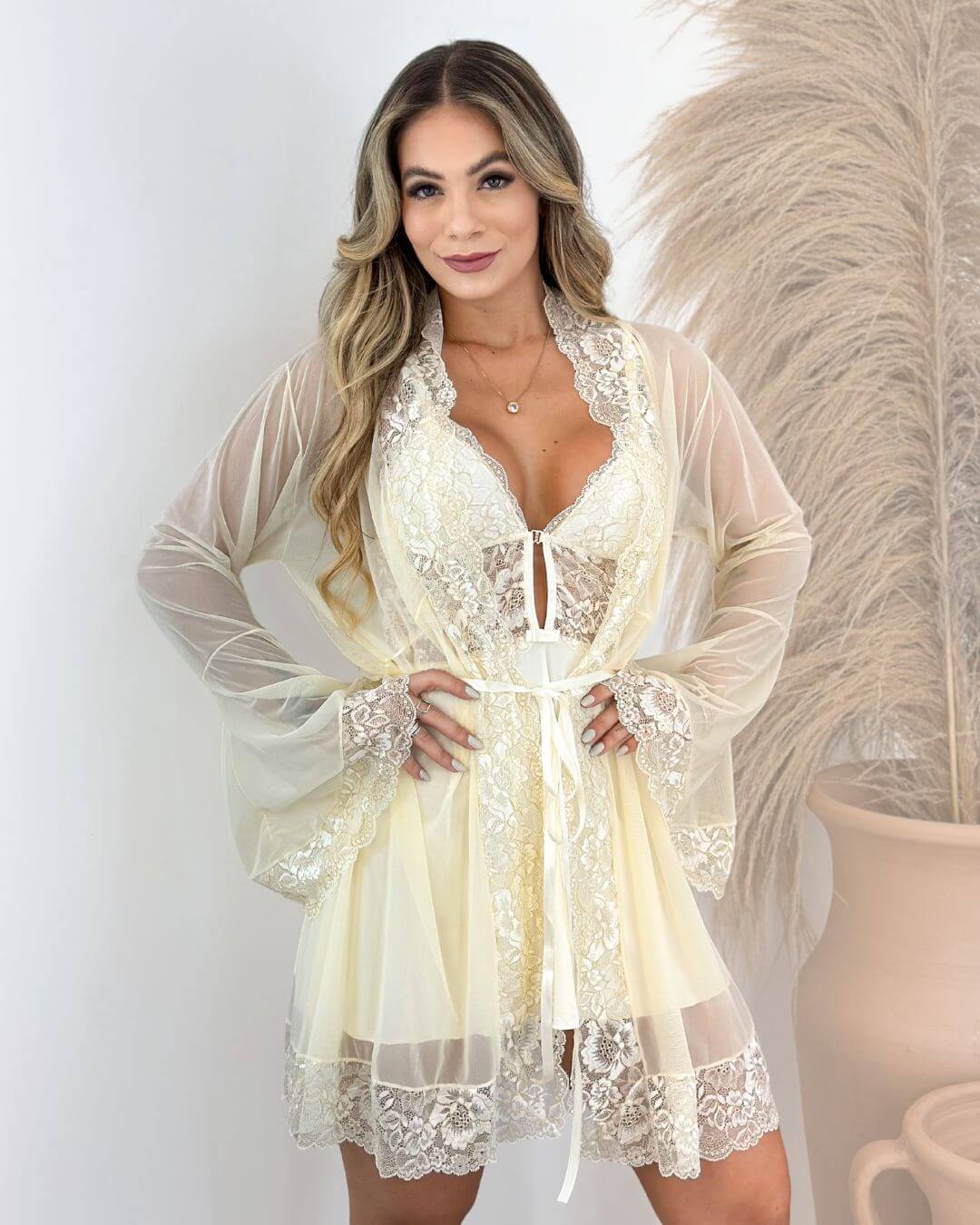 J’adore Set – Chemise + Panties + Robe in Tulle and Lace