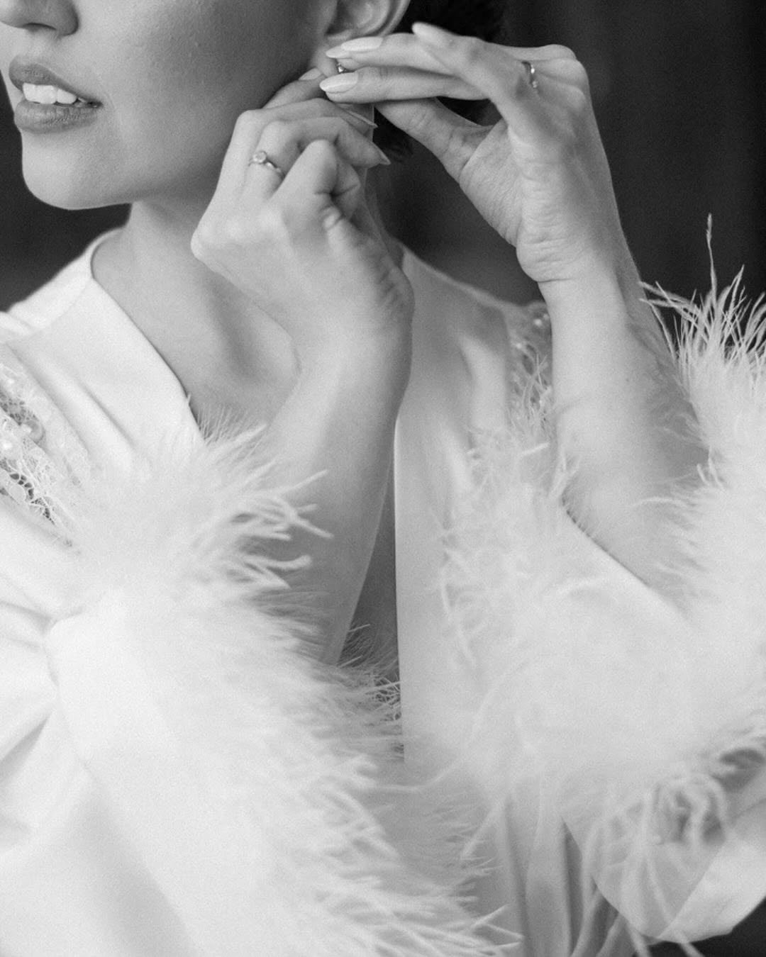 Lune Blanche Midi Robe – Satin with Feathers & Pearl Details