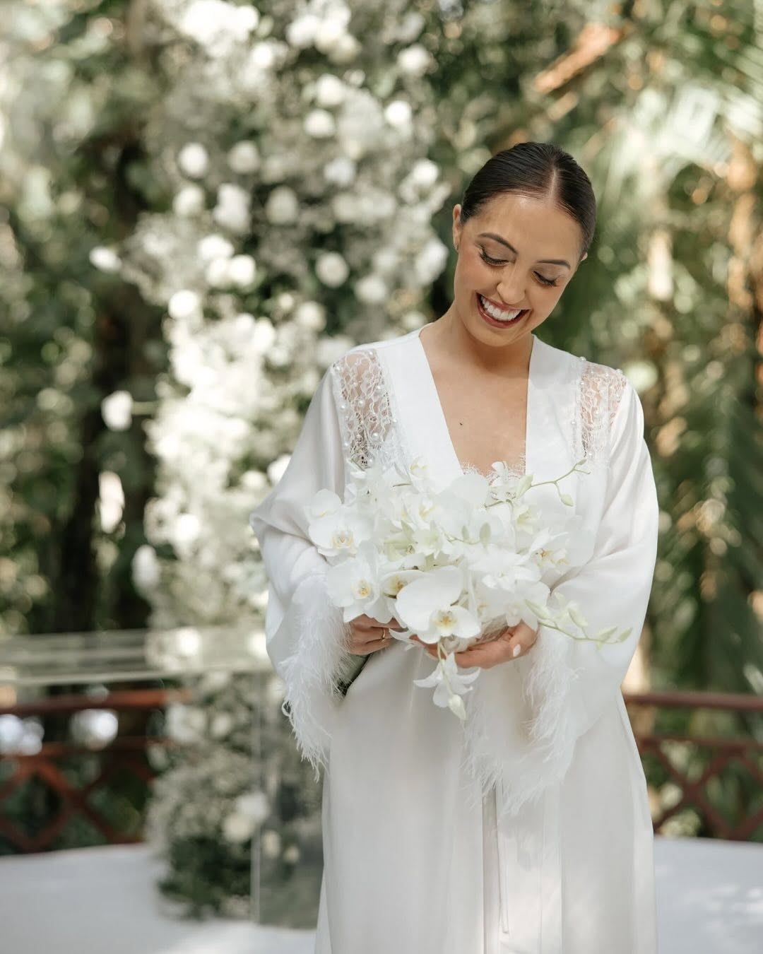 Lune Blanche Midi Robe – Satin with Feathers & Pearl Details