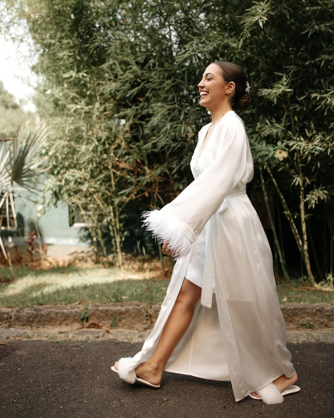 Lune Blanche Midi Robe – Satin with Feathers & Pearl Details