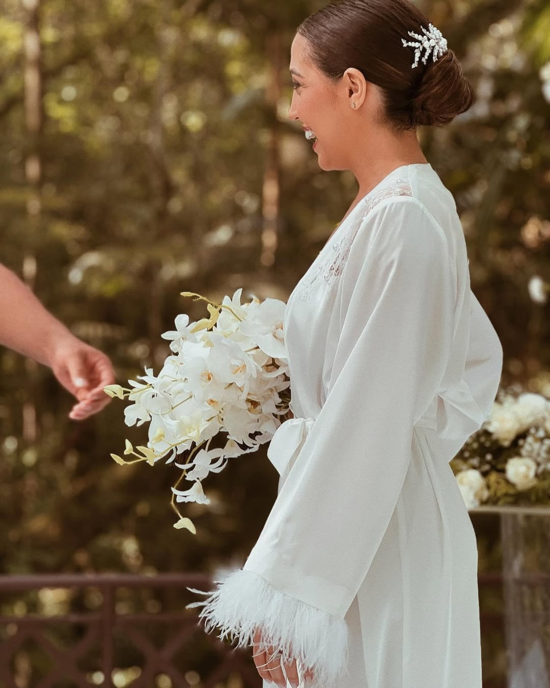 Lune Blanche Midi Robe – Satin with Feathers & Pearl Details