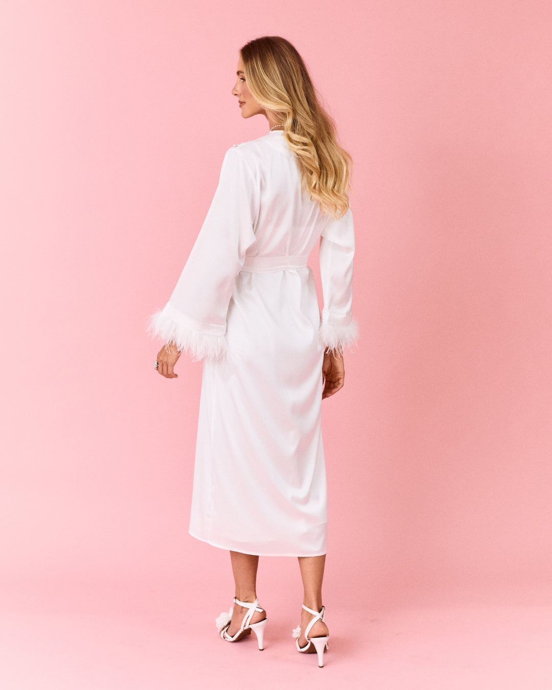 Lune Blanche Midi Robe – Satin with Feathers & Pearl Details