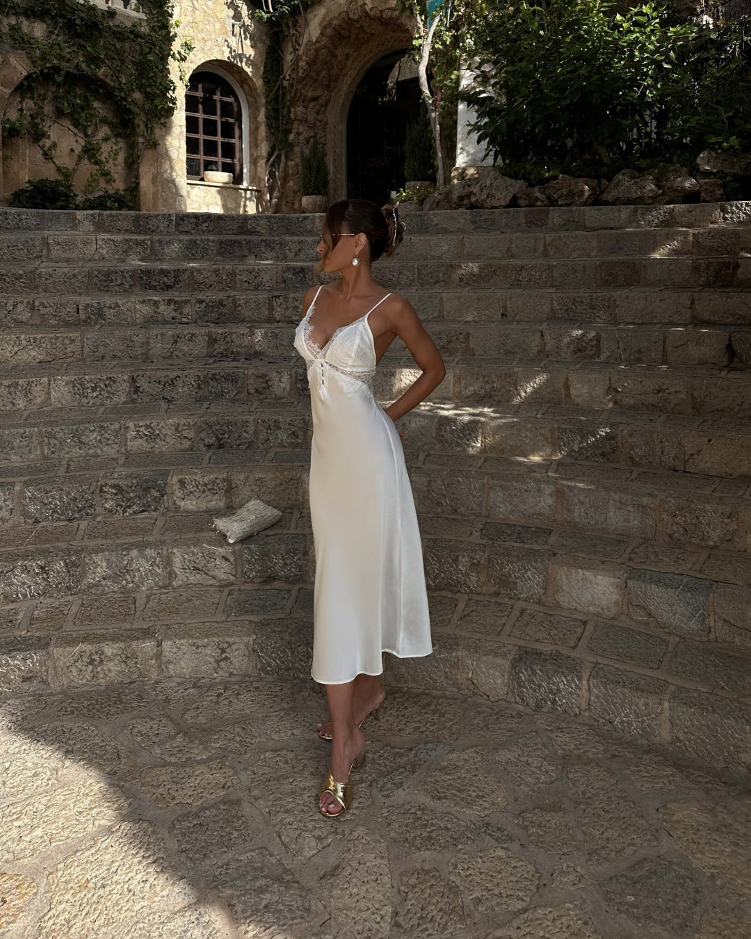 Lune Blanche Midi Robe – Satin with Feathers & Pearl Details