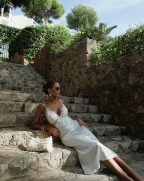 Lune Blanche Midi Robe – Satin with Feathers & Pearl Details