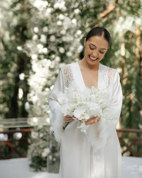 Lune Blanche Midi Robe – Satin with Feathers & Pearl Details
